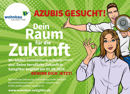 Werbeanzeige zur Gewinnung von Azubis mit dem Titel Dein Raum für die Zukunft. Comiczeichnungen von einem Mann und einer Frau. Der Mann hat ein Megaphon in der Hand, die Frau macht ein Spitze-Zeichen. Die Anzeige hat einen grünen Hintergrund.
