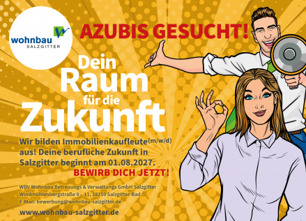 Werbeanzeige zur Gewinnung von Azubis mit dem Titel Dein Raum für die Zukunft. Comiczeichnungen von einem Mann und einer Frau. Der Mann hat ein Megaphon in der Hand, die Frau macht ein Spitze-Zeichen. Die Anzeige hat einen grünen Hintergrund.